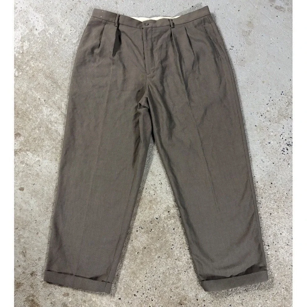 Perry Ellis Portfolio Mens 40x30 Pleated Cuffed Dress Pants Taupe Brown Trousers